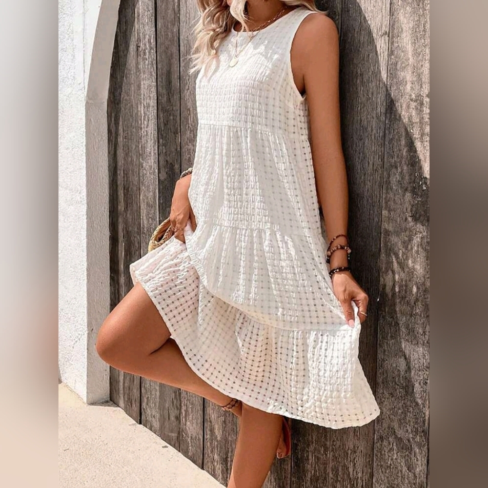 New Flowy Gingham Sleeveless Tiered Ruffle Smock Dress White